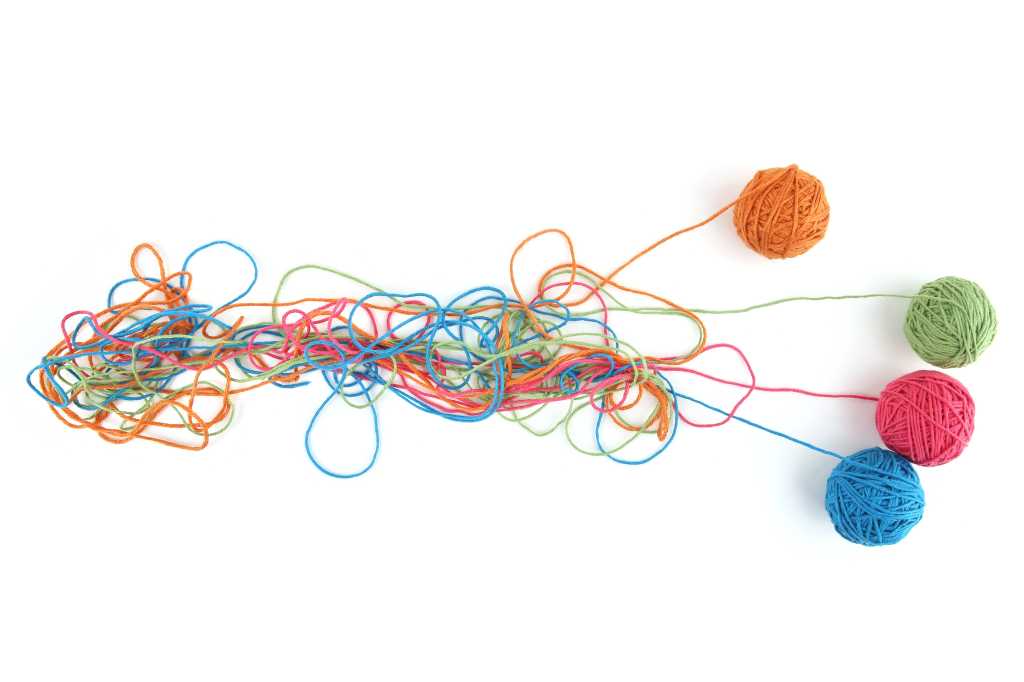 Tangled threads in a colorful display.