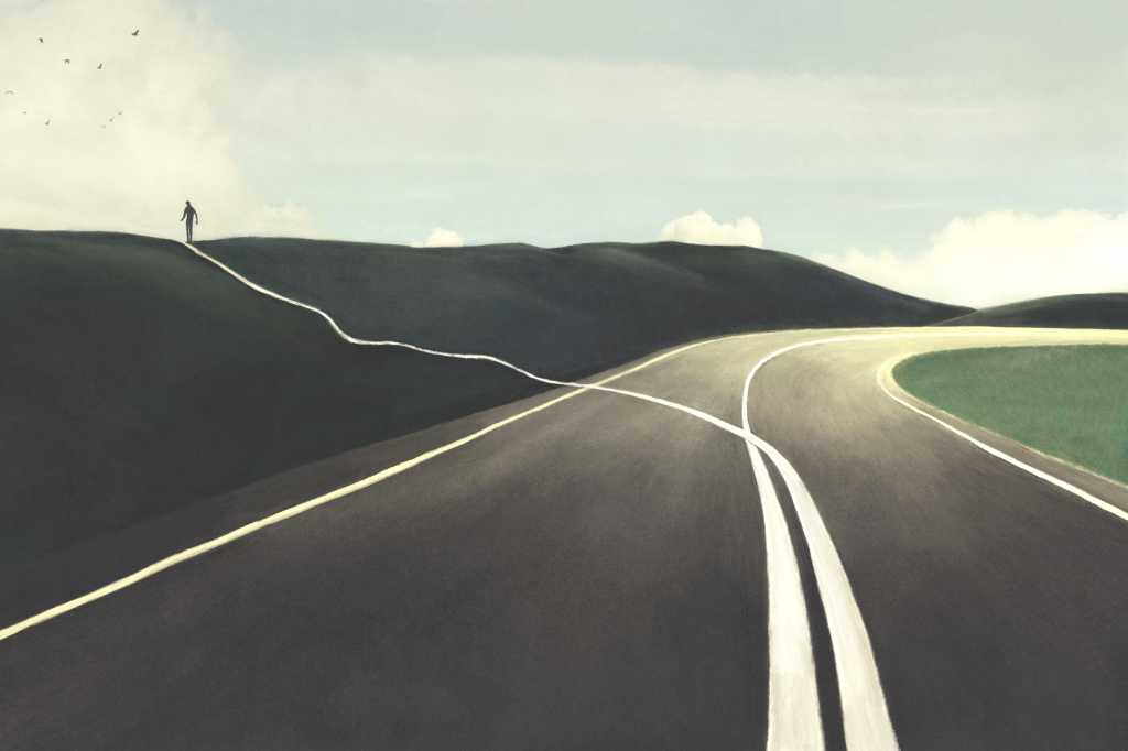 Illustration of man going own direction, trailblazing, exploring, thinking outside the box. Experimentation choice freedom concept.