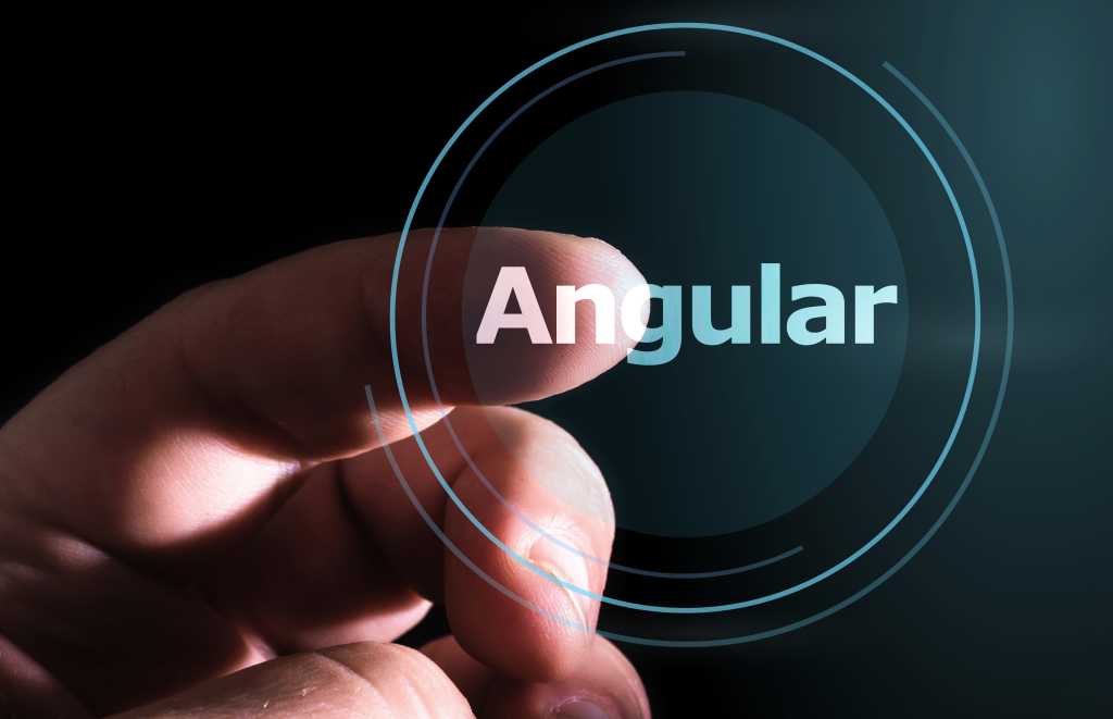A finger presses a button with the word "Angular" on a virtual screen. AngularJS.
