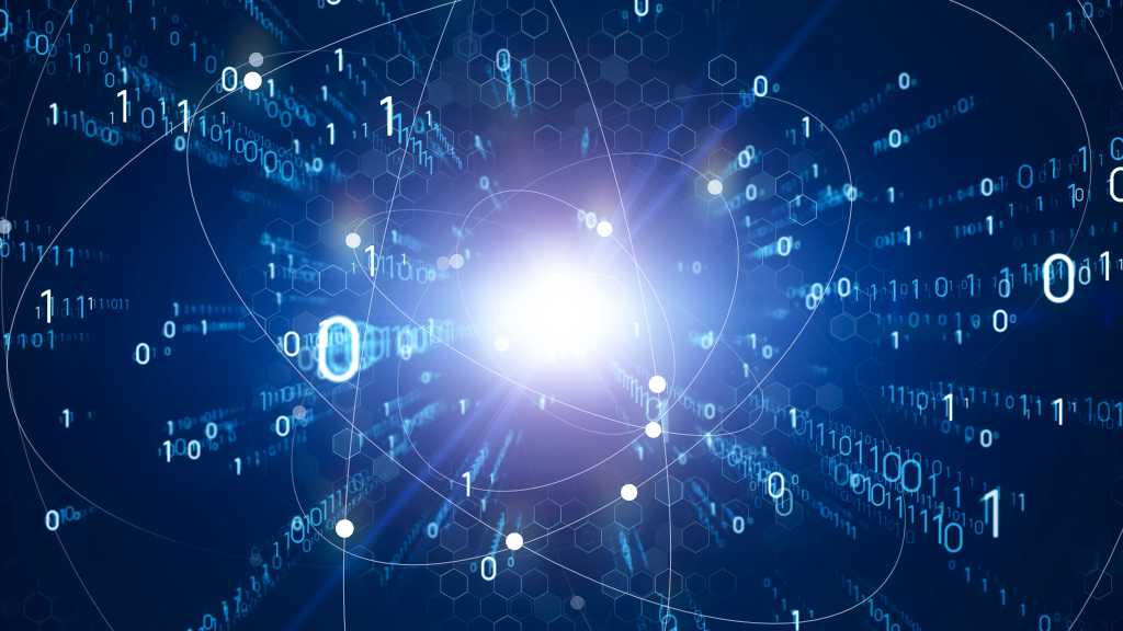 Digital transformation concept. Binary code. Programming. Quantum computer.