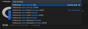 Screen shot shows searching for 'open settings' in the VSCode command palette.