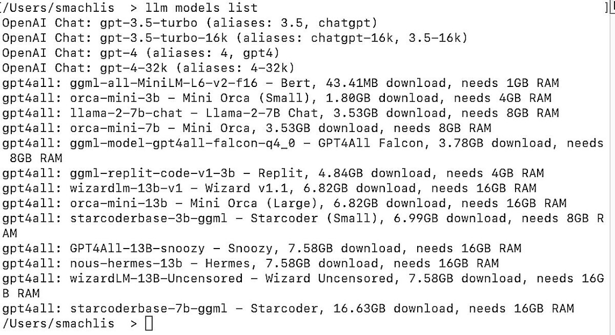 Results of llm models list command shows model source, name, size, and RAM needed.