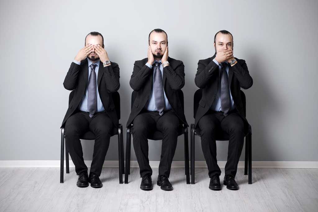 Three businessmen - see no evil, hear no evil, speak no evil. [Thinkstock]