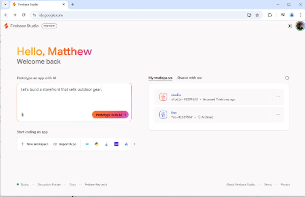 A screenshot of Google IDX.