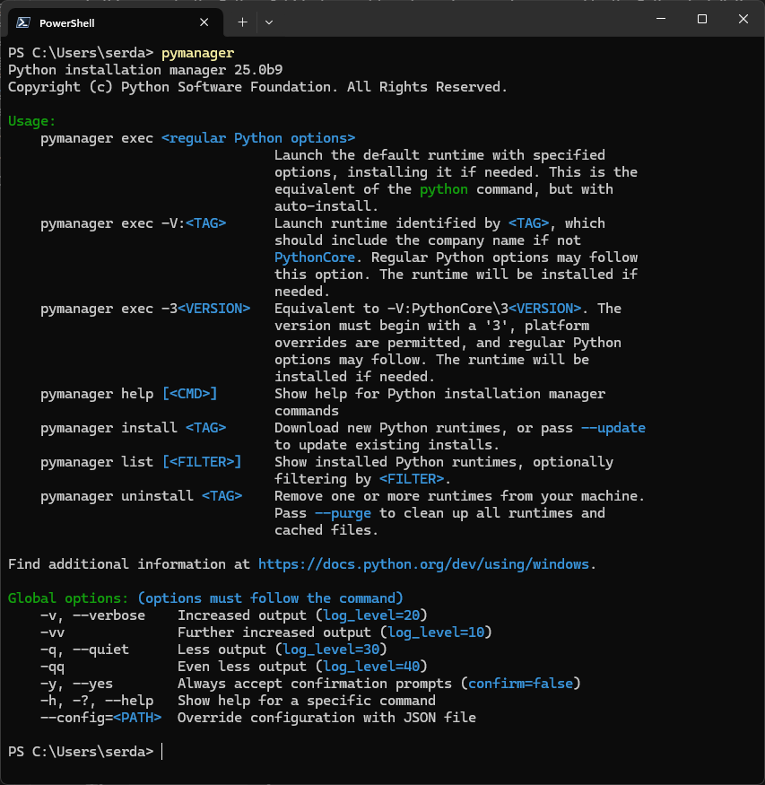 Running the Python Installation Manager with the "pymanager" alias instead of "py".