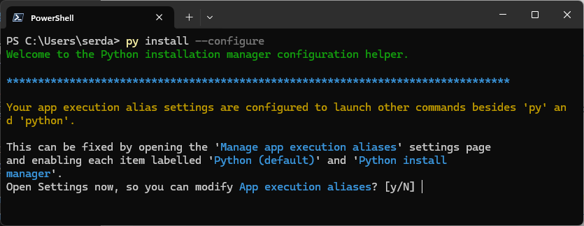 The prompt to manage Windows app execution aliases from the Python Installation Manager.