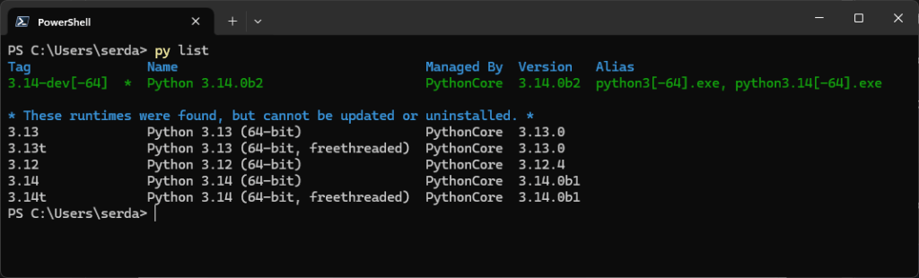 Python Installation Manager listing versions of installed Python.