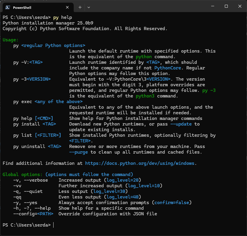 Python Installation Manager help options